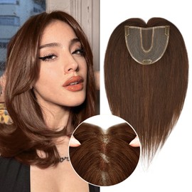 POWERASIA Large Coverage Hair Toppers for Women Real Human Hair Extensions with Thinning Hair No Bangs Wig Topper Upgrade 3.9x5.1inch Swiss Base 150% Density Remy Hair Topper #4 Medium Brown