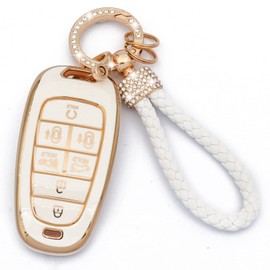 Wonys White Hyundai Key Fob Cover with Gold Bling Keychain Lanyard, Compatible with 2019-2021 Hyundai Fe Palisade Kona Elantra GT Veloster, 2021-2022 Sonata Nexo Tucson Smart Key Case