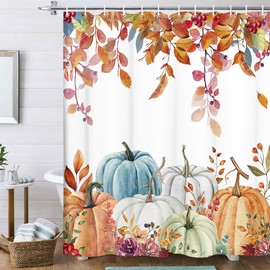 Torich - Cortina de ducha de calabaza de otoño, hojas de arce de otoño, cortinas de baño de acuarela, tela azul naranja, accesorios de decoración de baño, 69 x 72 pulgadas