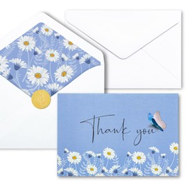 AZAZA Floral Thank You Cards with Envelopes 24 PK, Wedding Thank You Cards Unique Floral Design, 4x6 Wildflower Thank You Notes for Baby Shower, Bridal Shower, Sympathy (Blue Butterfly)