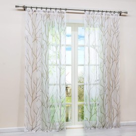 HongYa Transparent Curtain with Ruffle Tape, Voile Curtain, Window Curtain, Branches Pattern, H/W 245/140 cm, White, Sand, Pack of 1