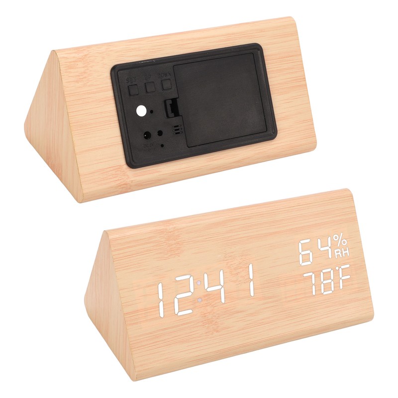 Triangular Digital Wooden Clock Time Date Temperature Humidity Display Alarm