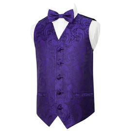Alizeal Boys Waistcoat and Bow Tie Paisley Jacquard Classic Formal Suit Vest Set, Dark Purple-10