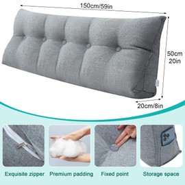 Wenqik Wedge Pillow Triangular Dorm Headboard Bed Rest Reading Backrest Back Support Long Bolster Pillow with Removable Cover for Dorm Room Supplies(Gray,Queen (59 x 20 x 8 Inch))