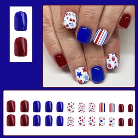 4th of July Press On Nails Extra Short Square,YEFIUO Red Blue White Fake Nails Press ons Nail Art Tip Acrylic Nail Kit Glue on Nails Full Cover False Nails with Pentagram Fruit Design for Ma'am 24 Pcs