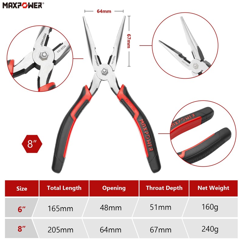 MAXPOWER Needle Nose Pliers, 8" Long Needle Nose Pliers &