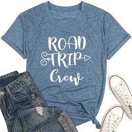 Camping Shirts for Women Road Trip Shirts Funny Letter Print Road Trip Crew Tshirts Family Vacation Tops Summer Hiking Tee,Ink M