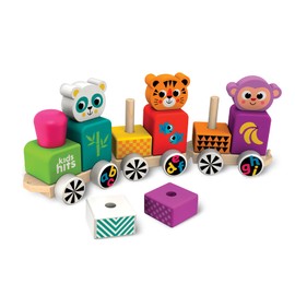 Kids Hits Wooden Train – Happy Friends 15-Piece ABC Animal Stacking Train Toy with Pull-Along Function for Toddlers 1+, Montessori Alphabet & Logic Toy
