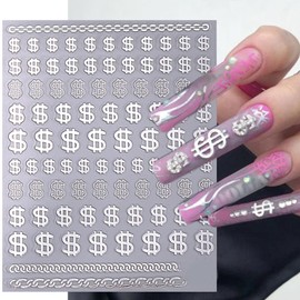 JERCLITY 8 Sheets Gold Silver Black White Dollar Sign Nail Stickers Self-Adhesive Money Sign Design Dollar Mark Nail Art Stickers Gold Silver Nail Stickers for Women Ladies Nail Art Accessories