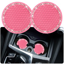 2PCS Bling Car Cup Coaster, 2.75 Inch Auto Car Cup Holder Insert Coasters Silicone Anti-Slip Crystal Rhinestone Drink Car Cup Mat, Universal Vehicle Interior Accessories for Women Girls (Pink)