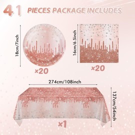 Rose Gold Birthday Party Decorations for Women Girls, Happy Birthday Party Supplies Includes 20 Plates, 20 Napkins and 1 Tablecloth, Pink Dimond Theme Decor for 13th 16th 18th 21st 30th 40th 50th