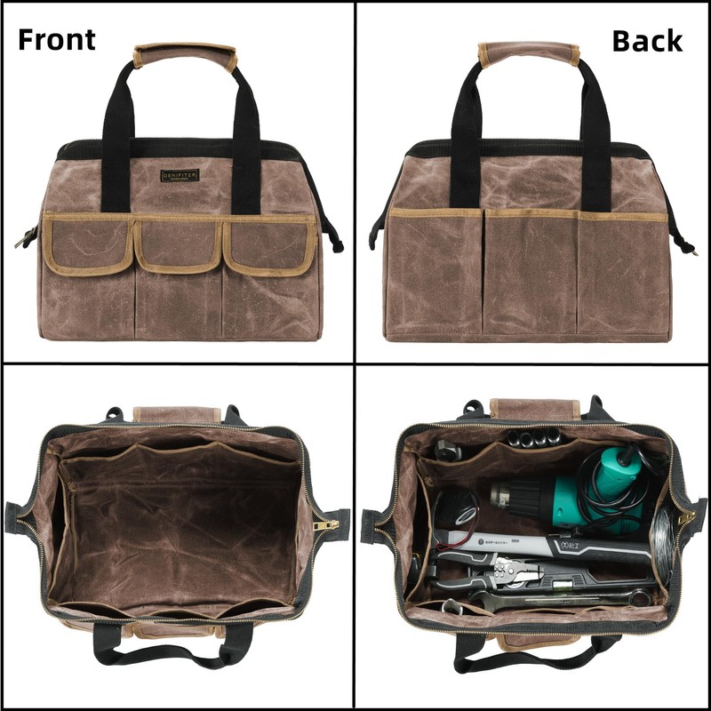 Tool Bag, Durable 16oz Waxed Canvas Wide Mouth Water-Resistant Electrician