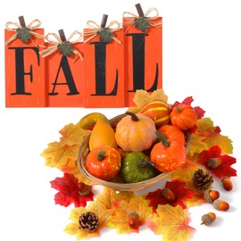 Roowest 50 Pcs Fall Pumpkins Harvest Decoration Set Mini Artificial Gourd Autumn Leaves Acorns Decorations and 4 Pcs Thanksgiving Wood Tabletop Decor Block Signs for Harvest Autumn Home Decor