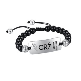 YOTHIWAD CR7 Soccer Bracelet, soccer Star Bracelet Sport Fan Bracelet Natural Stone Beads Stainless Steel Adjustable