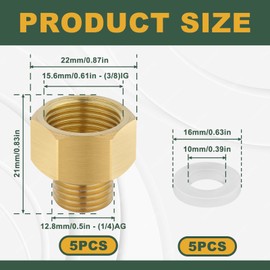 Kayqbonke Reducer 1/4 to 3/8 Inch Brass, Reducing Extension Hexagon, Reducer with Rubber Seal for Pneumatics, Pumps, Machines (12.8 mm AG x 15.6 mm Female Thread) Pack of 5