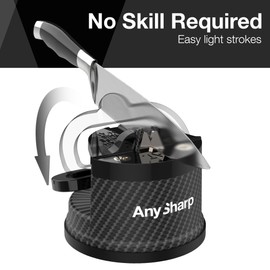 AnySharp Knife Sharpener, Hands-Free Safety, PowerGrip Suction, Safely Sharpens All Kitchen Knives, Ideal for Hardened Steel & Serrated, World's Best, Compact, One Size, Carbon Fibre Design