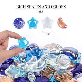 DomeStar 2 LB Glass Pebbles for Decorative, Sun Moon Stars Flat Marbles Glass Beads Glass Gem for DIY Aquarium Vase Fillers(35-40pcs)