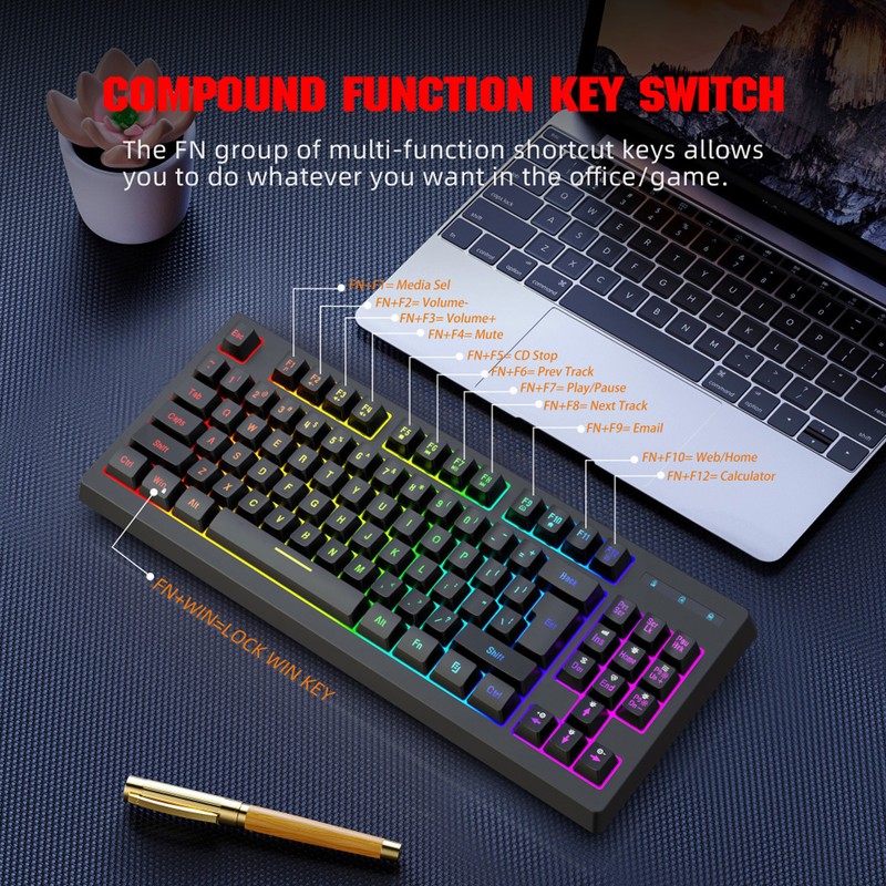 2.4G Wireless Keyboard 87 Keys RGB Backlight 1800mAh Battery Office