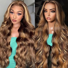 Highlight Ombre 13x6 Lace Front Wig Human Hair 220% Density Honey Blonde Ombre Highlight Body Wave Human Hair Wig Pre Plucked with Baby Hair 4/27 Highlight Wigs for Women 28 Inch