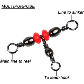 OROOTL 3 Way T-Turn Barrel Swivels Fishing Tackle, 50pcs Brass Barrel Triple Swivel Cross Line 3 Way Barrel Fishing Connector with Red Fishing Beads for Freshwater Saltwater Test 20-100LB