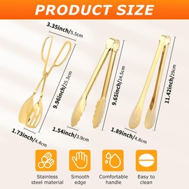 Serving Tongs,Stainless Steel Buffet Tongs, Kitchen Tongs Serving Utensils for Salad Buffet Appetizer Dessert Food Parties Wedding Party Catering, 3 Different Type Food Tongs(Gold)