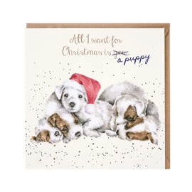 Wrendale X082 Christmas Card, Double Card with Envelope, Dog, All I Want for Christmas is a Puppy, 15 cm x 15 cm