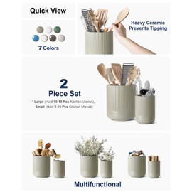 LE TAUCI Utensil Holder, 7.3"+5.4" Ceramic Kitchen Utensil Holder for Countertop, Large Cooking Utensil Crocks for Kitchen Counter, Morden Utensil Organizer for Spatula, Set of 2, Oatmeal Gray