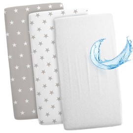 Fitted Sheet Baby Fitted Sheets Set of 3: 120 x 60 cm - 2 x Bed Sheets + 1 x Waterproof Mattress Protector - Baby Cot Accessories for Cot Bed Side Cot Bassinet Stars White Grey