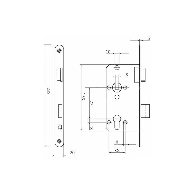Door Lock PZ Lock Class 2 Backset 55mm Gutter 20mm