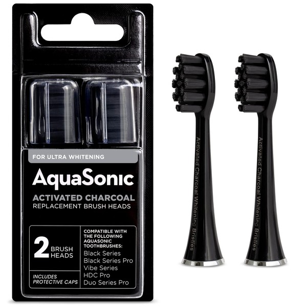 AquaSonic 2-Pack Activated Charcoal Brush Heads - Ultra Whitening Brush Heads - 2X Whitening & Stain Remover - for Black Series, Black Series Pro, Vibe Series, Duo Pro Series (Black)