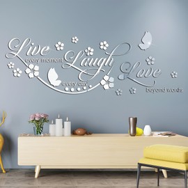 Zgwansui Live Laugh Love Mirror Decal, Inspirational Wall Stencils Peel and Stick Quotes, Decorative Wall Stickers Decor Living Room, Motivational Sayings Words for Bedroom Home Wall Art, Silver