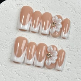 White French Tip Handmade Press on Nails Medium Square Fake Nails Muti-Layer Gel False Nails with 3D Flower Rhinestones Designs Thick Acrylic Nails Full Cover Stick on Nail for Women Nail DIY (Size S)