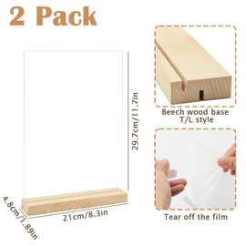 Coriver A4 Table Stand, Pack of 2 Acrylic Stands A4, L/T Shape Price Tags, Stand Advertising Stand Display with Wooden Base, Table Stand for Wedding, Restaurant, Office, Cafe, 21 x 29.7 cm