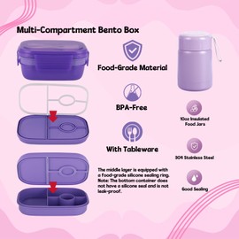 Abenptox Bento Lunch Box Set for Kids, with 10oz Soup Thermo, Leak-Proof Food Containers, Insulated Nylon Preppy Lunch Bag with Adjustable Strap for Girls School Travel Picnic