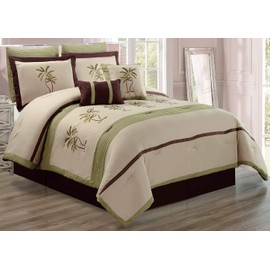 Grand Linen 8 Piece Oversize Sage Green/Dark Beige/Brown Tropical Palm Tree Embroidered All-Season Comforter Set Queen Size Bedding 94"X92"