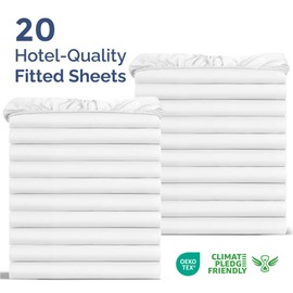 Bulk Case Pack of 20 Fitted Sheets - (20) Queen Size Fitted Sheets with Deep Pockets - Wholesale Bulk Bedding for Hotels, Spas & Airbnbs - Breathable & Cooling - Soft and Wrinkle Free - (Queen, White)