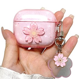 Yivenbarity Case for Airpods 4th Generation(2024),Cute Cherry Flower Cover Design with Lovely Floral Keychain for Women Girl,Bling Sparkle Clear Soft Silicone Protective Case Compatible with Airpods 4