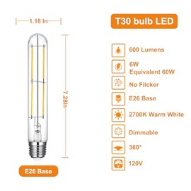 Vinaco Bombilla LED T10 de 2700 K, blanco cálido, paquete de 6 bombillas LED T30 regulables tubulares de 600 lm, bombilla de filamento LED T30 de vidrio transparente, base E26, equivalente a 60 W, 120