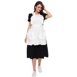 LilMents Women's Ruffles Outline Retro Pockets Apron Kitchen Cooking Cleaning Maid Costume (White)
