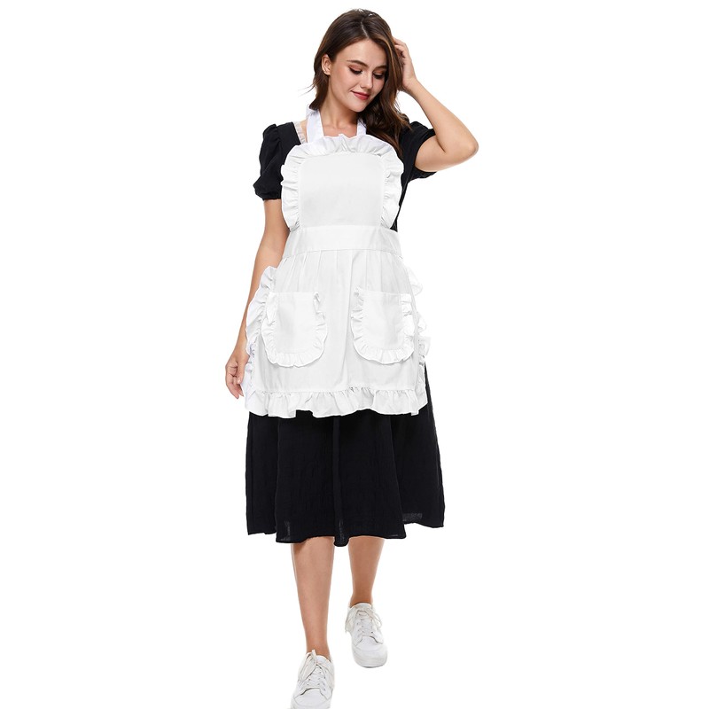 LilMents Women's Ruffles Outline Retro Pockets Apron Kitchen Cooking Cleaning