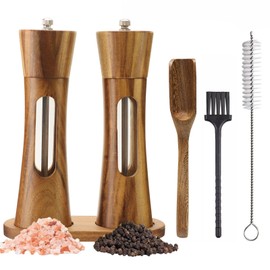 2 Pack Wooden Salt and Pepper Grinder Set — 8 Inch Refillable Salt and Pepper Shakers — Manual Spice Mills with Clear View Window — Ceramic Grinder, Adjustable Coarseness