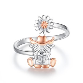 BEILIN Highland Cow Ring 925 Sterling Silver Adjustable Cute Animal Open Rings Cow Jewelry Gift for Women, white, Sterling Silver, Cubic Zirconia