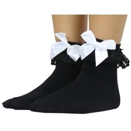 ToBeInStyle Women's Classic Bow and Ruffle Lace Socks - Black/White - OS