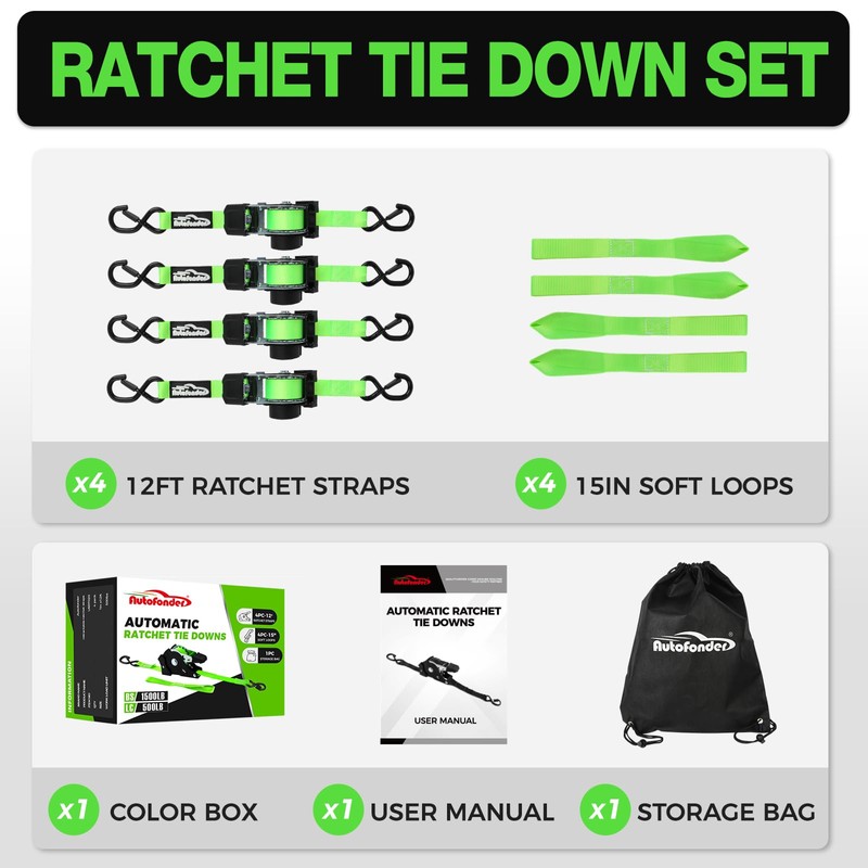 Autofonder Retractable Ratchet Straps with Soft Loops(4 Pack)-(1,500lb Break Strength)