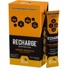 Be Better Recharge Electrolitos en Polvo, Sin Azúcar, Sin Calorías, Sin Colorantes, 24 Sobres, Sabor Naranja