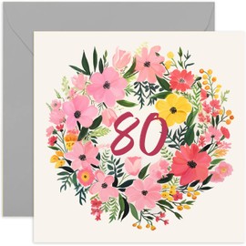 Old English Co. Floral 80th Birthday Card for Her - Birthday Card for Female Friend - Birthday Card for Mum, Grandma - Cute Flower Painted Wreath Colourful Pastel Colours | Blank Inside