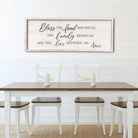 Bless the Food Before Us Wall Decor Sign 32" X 12" Home Dining Room Wall Decor Framed Wood for Large Farmhouse Vintage Country Kitchen Living Room Wall Hanging Art (White)