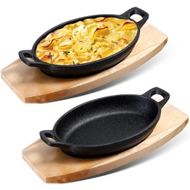 Mifoci 2 Sets Cast Iron Skillet with Wooden Base Mini Cast Iron Fajita Plates Cast Iron Baker's Skillet Matte Black Small Cast Iron Pan for Kitchen Restaurant Barbecue Dinner (8.7 x 4.7 x 1.6 Inches)