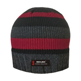 RockJock Striped Knitted Fleece Lined Beanie HAT with R40 Thermal Insulation Black/RED