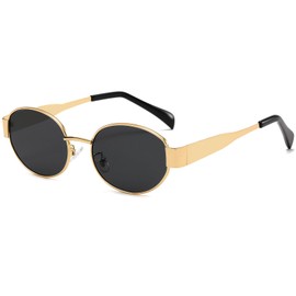 YouthMall Trendy Oval Sunglasses for Women Men Retro Metal Oval Sun Glasses 90s Vintage Shades (Gold/Grey)
